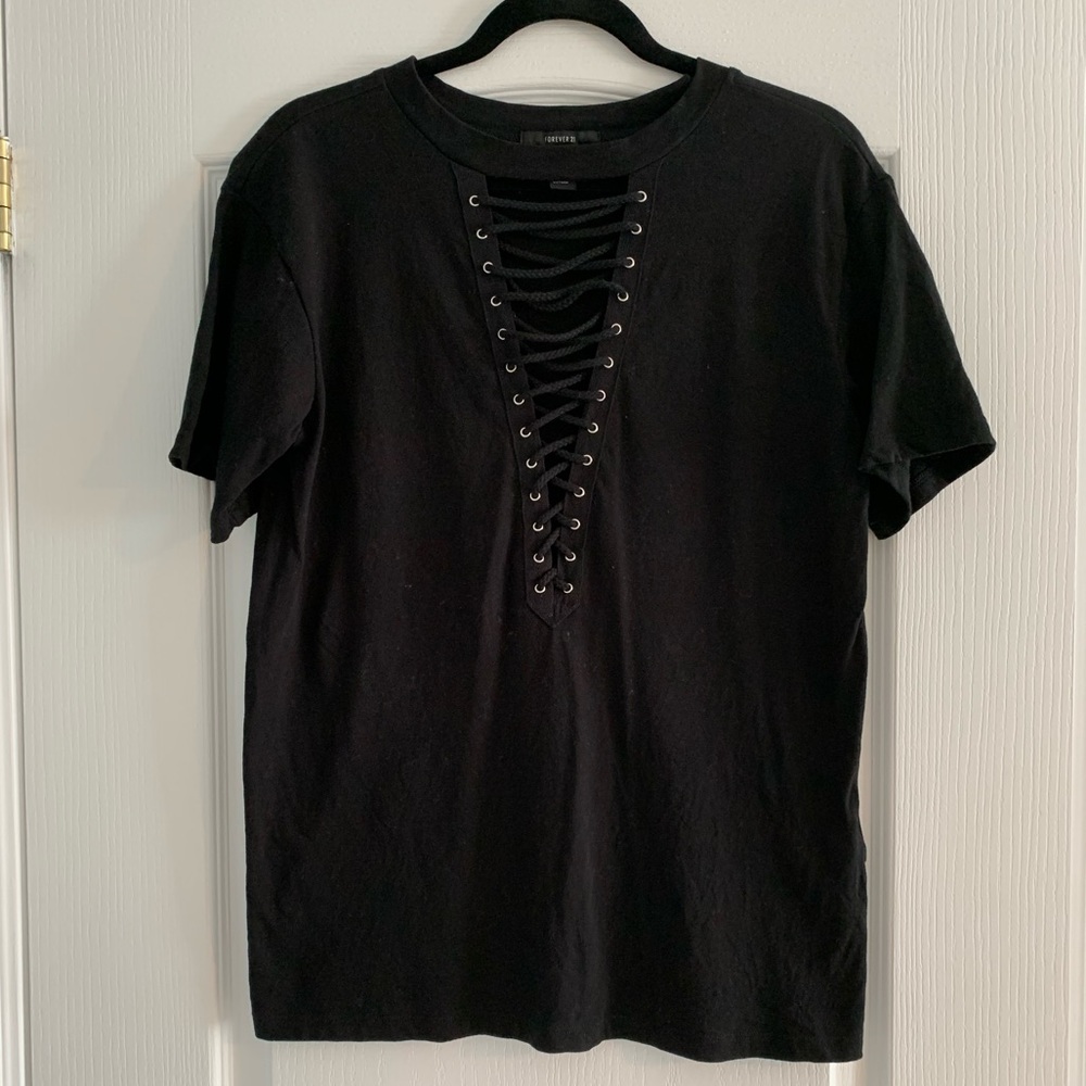 F21 Black Lace-Up T-Shirt